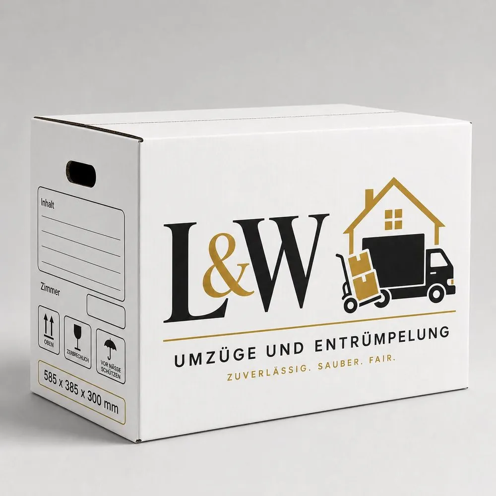 Weißer L&W-Umzugskarton mit Logo und Maßangabe 585 × 385 × 300 mm